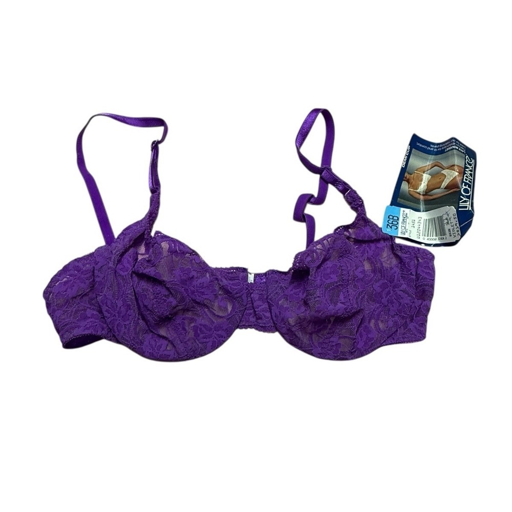 Vintage Lily‎ of France Purple Sheer Lace Bra 36B Demi Cup 80s 90s Lingerie NOS